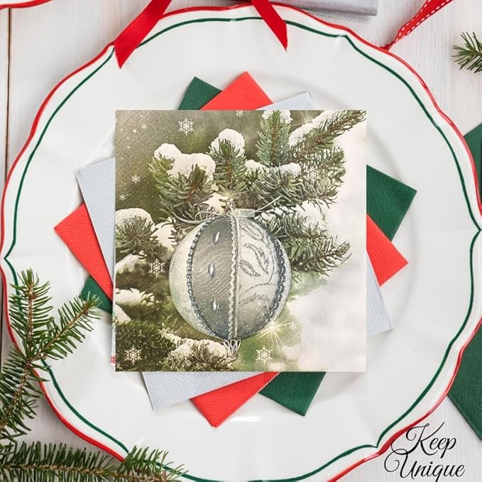 20-ct 13x13 Christmas Paper Decoupage Napkins, 3-Ply Servilletas Tissue Napkin for Dinner and Parties, Disposable Napkins (Ornament X)