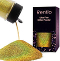 Renfio Holographic Ultra Fine Glitter Powder Metallic Resin Glitter 2.11 Oz (60g) PET Flakes Crafts Sequins 1/128" 0.008" 0.2mm Epoxy Chips Flakes for Tumblers Slime - Laser Green Gold