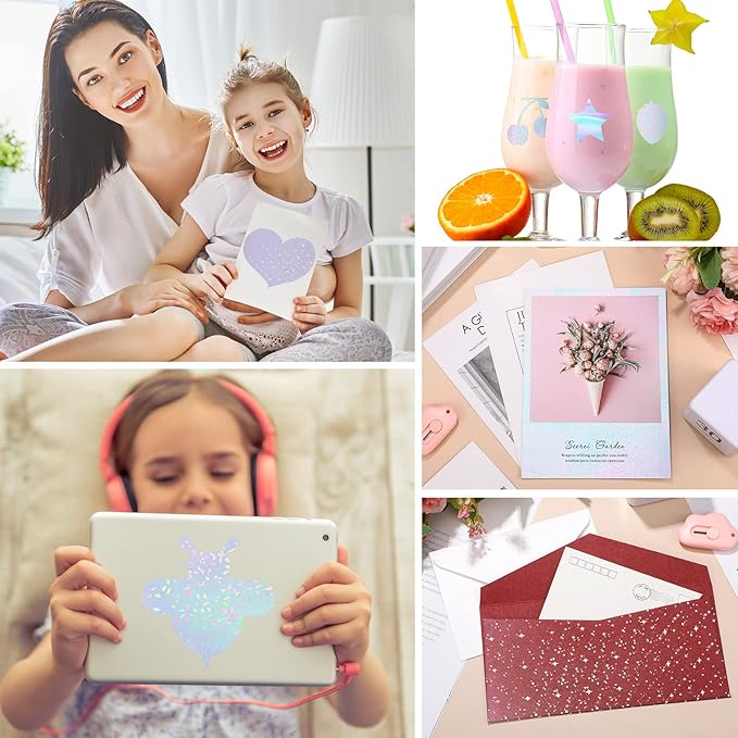 108 Sheets Holographic Sticker Paper Clear A4 Vinyl Sticker Laminate Sheets Adhesive Holographic Overlay Waterproof Transparent Film with Gem, Colorful, Dot, Star, 11.7 x 8.3 Inch