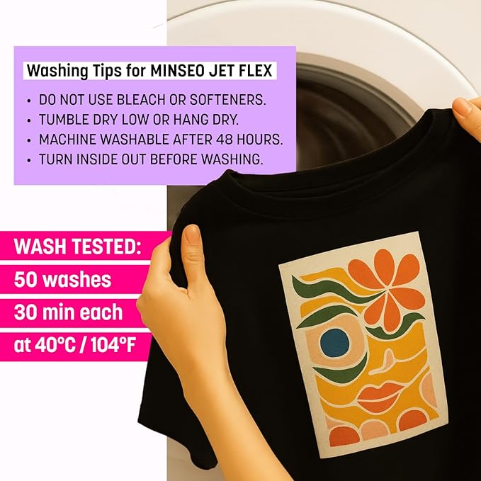 MINSEO Jet Flex Premium Opaque Heat Transfer Paper for Dark Fabric (20 Sheets 8.5x11") Printable Iron-on Transfer Vinyl for Inkjet Printer (Made in Korea)