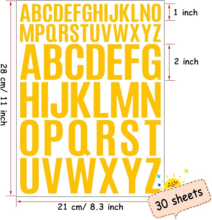 Bemeol Letter Stickers 1560 Pieces 30 Sheets Stick on Vinyl Letters Capital Alphabet Sticker Letter for Craft Bulletin Boards Classroom Home Business Decor(Yellow,1 Inch,2 Inch)