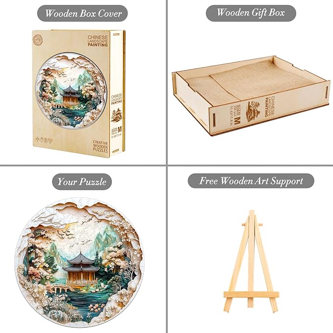 KAAYEE Wooden Puzzles for Adults, 3D Visual Effect Chinese Landscape Painting Wooden Jigsaw Puzzle Unique Shape Wood Puzzle Adult, 3D Effect Flat Puzzle Birthday Family Games (L-13.4*13.4 in-285pcs)