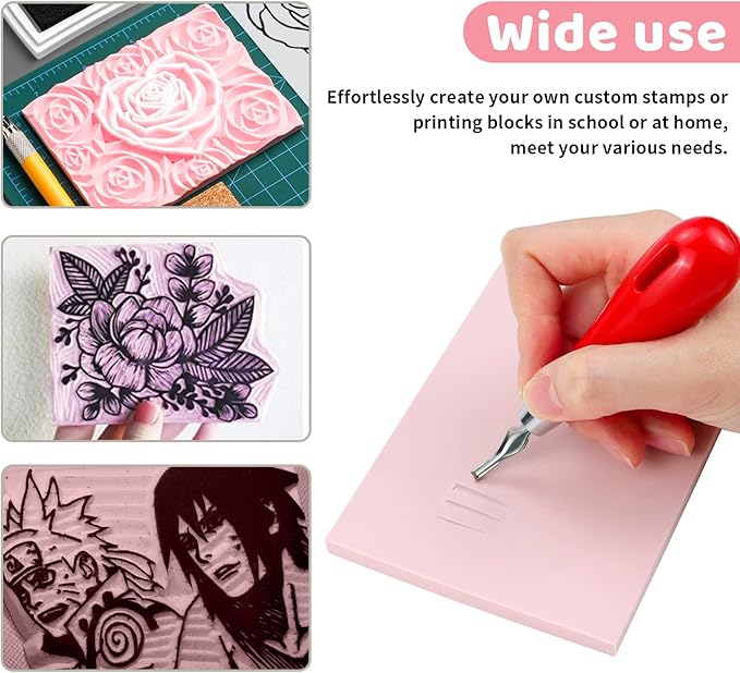 6 Pack 8"x6" Pale Pink Rubber Stamp Carving Blocks Rubber Carved Brick Soft Rubber Linoleum Block for Craft Project