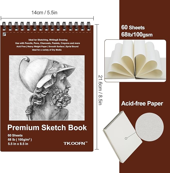 TKOOFN 5.5" x 8.5" Sketch Book, Pack of 10, 600 Sheet Top Spiral Bound Premium Sketchbook Drawing Pads(68lb/100gsm), Acid-Free Painting Paper for Adults Kids Artists Beginners