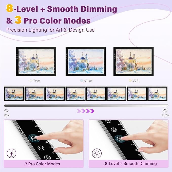 ZEXALIGHT A4 Light Box for Tracing, Light Pad for Diamond Painting with 8 Levels/Stepless Dimming Brightness and 3 Color Modes, Ultra-Thin Copy Board Light Table for Artists Tracing Drawing (Pink)