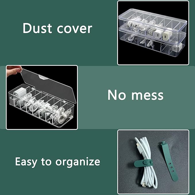 DUOFIRE 2 Pcs Cord Organizer with 16 Cable Ties, Clear Acrylic Cable Organizer Charger Organizer Electronics Organizer with Lid for Home Office Desk Organizers and Accessories