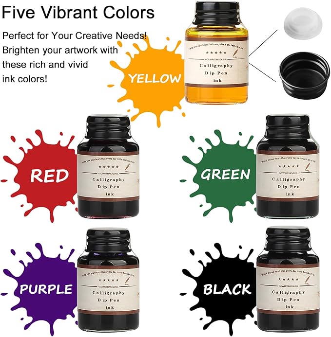 GC QUILL MU-02 Calligraphy Pen Set, Glass Dip Pen and Handcrafted Wooden Dip Pen Gift Set with 5 Colors Calligraphy Ink 6 Nibs, Calligraphy Set for Beginners