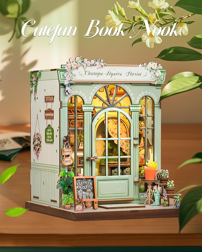 Cutefun Book Nook Kit - DIY Miniature Dollhouse Kit 3D Creative Decorative Bookend 3D Wooden Puzzle for Adults, Bookshelf Insert Room Decor with LED Light (Champs-Élysées Florist)