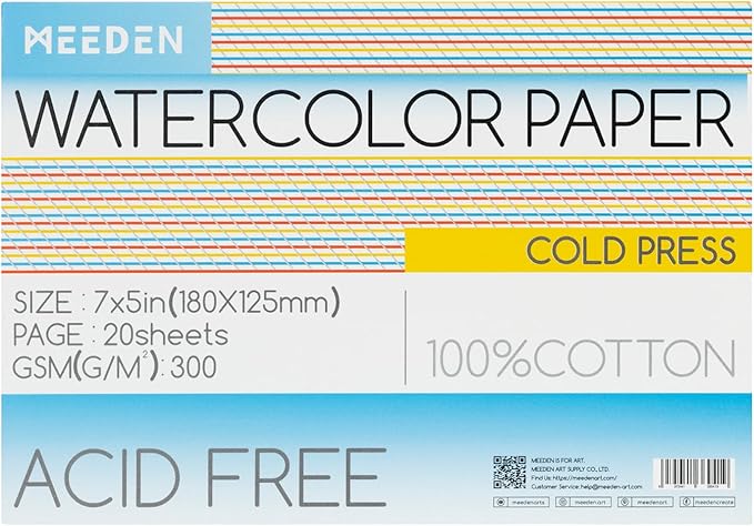MEEDEN Watercolor Paper Block, 100% Cotton Watercolor Paper Pad of 20 Sheets, 140lb/300gsm, Acid-Free Art Paper for Watercolor, Gouache, Ink and More, 5" x 7" Cold Press