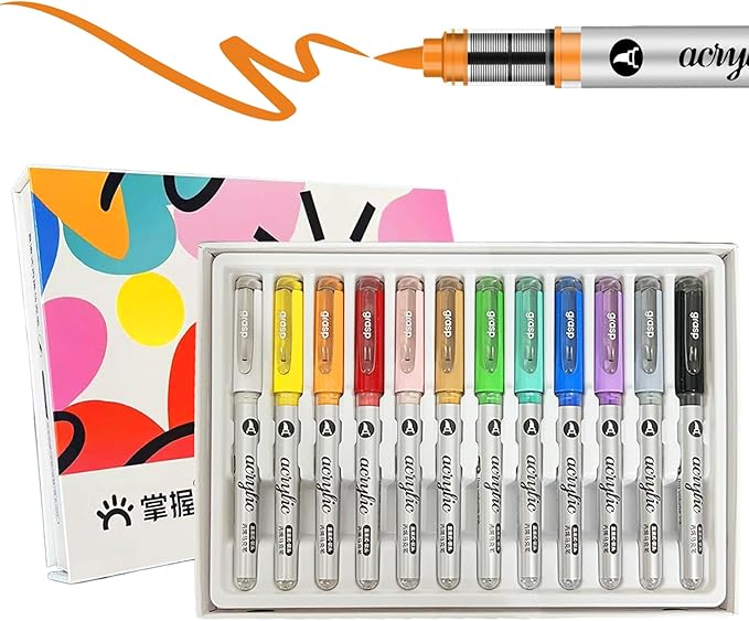 12 Colors Acrylic Paint Markers Set, Water Based Acrylic Paint Pens With Visual Ink Window,Soft Brush Tip Acrylic Markers for canvas, Egg, rock painting,Wood, Stone, Glass, Fabric and DIY Crafts Art