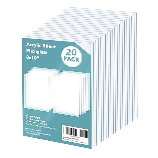 Egofine Plexiglass Sheets Acrylic Sheets 20 Pack of 8x10’’ 0.04 Thick Clear Plastic Cast Transparent Plexi Glass for Crafting Projects, Replacement Picture Frame Glass, DIY Display, Easy to Cut