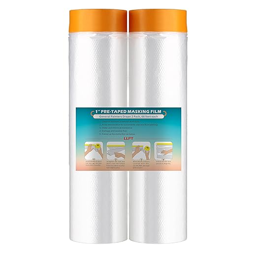 LLPT Tape and Drape 106.3”(Unfolded) x 66 Ft Each 2 Pack Pre-Taped Masking Film 0.27 Mil Painters Plastic Drop Cloth for Auto Wall Furniture Painting Protection (MFT2702)