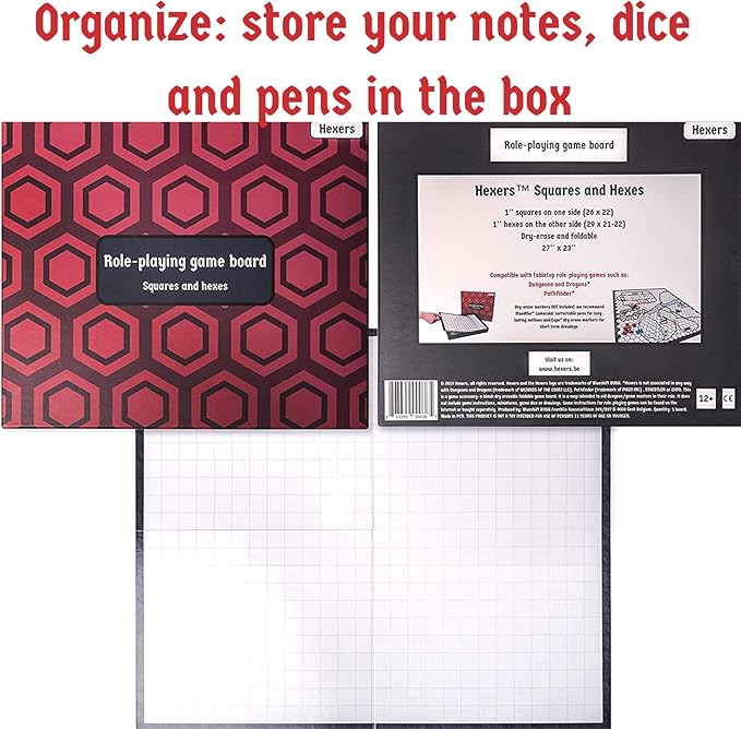 The Authentic Role-Playing Game Board by Hexers, Mat Alternative, Compatible with Dungeons and Dragons D&D DND Pathfinder RPG, 27x23 inches, 1 inch Square and Hexes Battle Grid, Foldable & Dry Erase