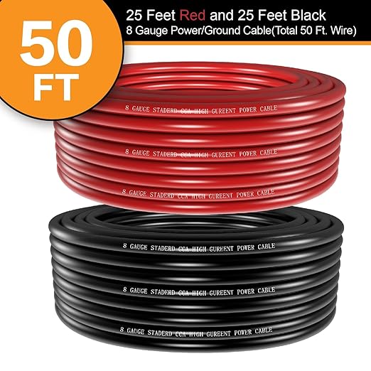 8 Gauge Wire Copper Aluminum CCA 50FT(25FT Red+25FT Black) Power & Ground Cable with 60A Fuse Holder,8ga Lugs,3:1 Heat Shrink Tube - Amp Wiring Kit for Car Audio,Battery,RV Trailer,Marine