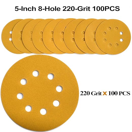 5-Inch 8-Hole Hook and Loop Sanding Discs 220-Grit Random Orbit Sandpaper, 100-Pack