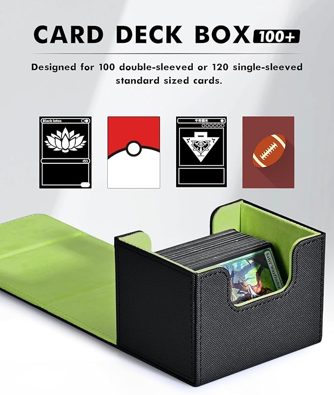 ZLCA Card Deck Box for Trading Cards, MTG Commander Deck Box Holds 120+ Single Sleeved, Leather Magnetic Card Storage Case Fits for TCG CCG Magic(Black& Green)