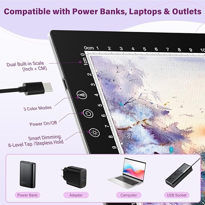 ZEXALIGHT A4 Light Box for Tracing, Light Pad for Diamond Painting with 8 Levels/Stepless Dimming Brightness and 3 Color Modes, Ultra-Thin Copy Board Light Table for Artists Tracing Drawing (Black)