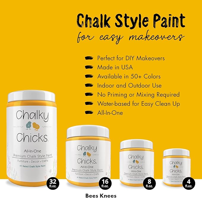 Chalky Chicks All-in-One Chalk Paint for Furniture or Cabinet - 32 Fl Oz - Matte Finish Bees Knees (Yellow) for Metal, Wood Furniture Paint - No Sanding All-in-One for Home Decor & Crafts, USA Made
