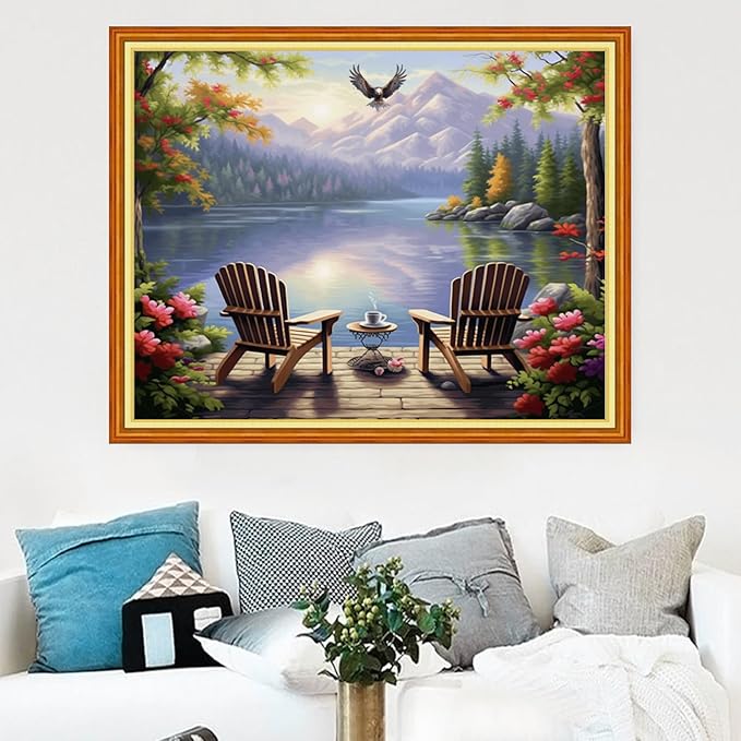 Magxvouy Cross Stitch Kits Stamped Full Range of Embroidery Kits,Cross Stitch Patterns Needlework Kits for Beginners 11CT Printed Kits& Rest by The Lake 16x20 inch