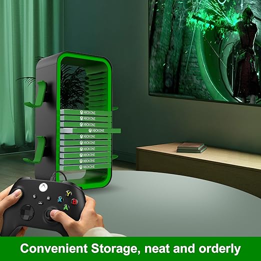 wigmoa OYO-1【15.8INCH】 game Storage Tower Compatible with PS5/ Xbox Series S & X/Switch, Universal Video Games Discs Organizers 18 PCS with 4 Controllers Holder, Game Disk Box Stand. (Black/Green)