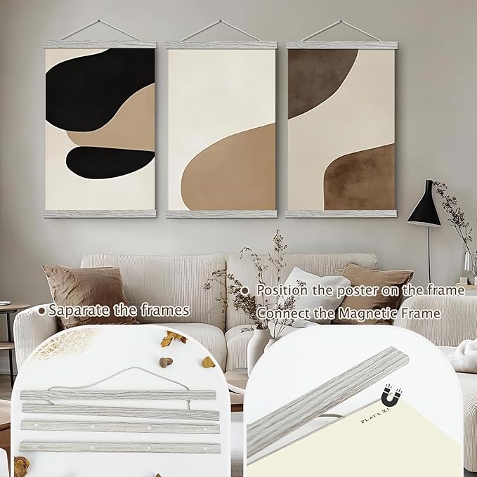 Artmag Magnetic Poster Hanger Frame, 32x24 32x40 32x48 Light Wood Wooden Magnet Canvas Artwork Print Poster Hangers Frames Hanging Kit (Grey, 32")