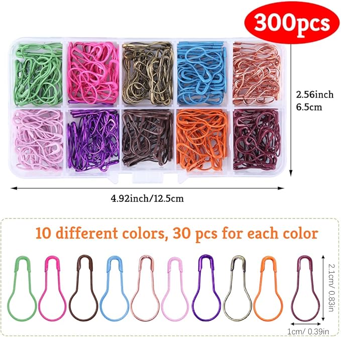 Mayboos 300 Pieces Safety Bulb Pins,10 Colors Calabash Crochet Stitch Markers, Metal Safety Pins for Knitting and DIY Project with Storage Box