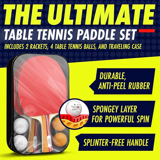NIBIRU SPORT Professional Ping Pong Paddle Sets, 2 Paddle or 4 Paddle Table Tennis Set with Tournament Quality Balls and Carry Bag/Storage Case, Table Tennis Equipment & Ping Pong Accessories
