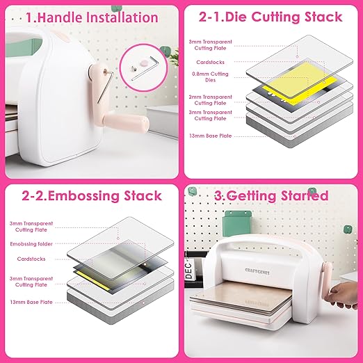 Manual Die Cutting Machine and Embossing Machine, 9'' Opening Size for Cardmaking, Scrapbooking, and DIY Crafts – Foldable Complete Set with A4 Die Cuts, Embossing Folders, and Plates(Pink)