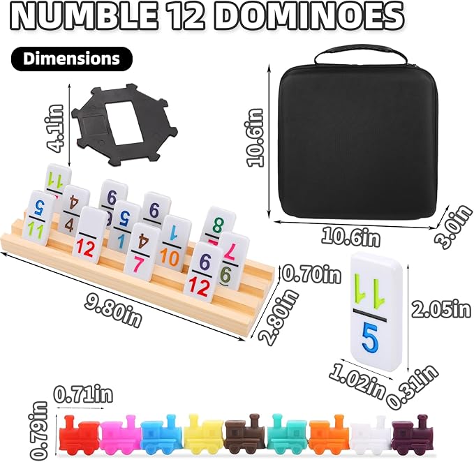 Mexican Train Dominoes Set Numbers and 8 Wooden Holders, Double 12 Travel Domino Train Game with 91 Colored Tiles and Protable Case, Number Domino Set for Kids, Adults Family Board Team Games