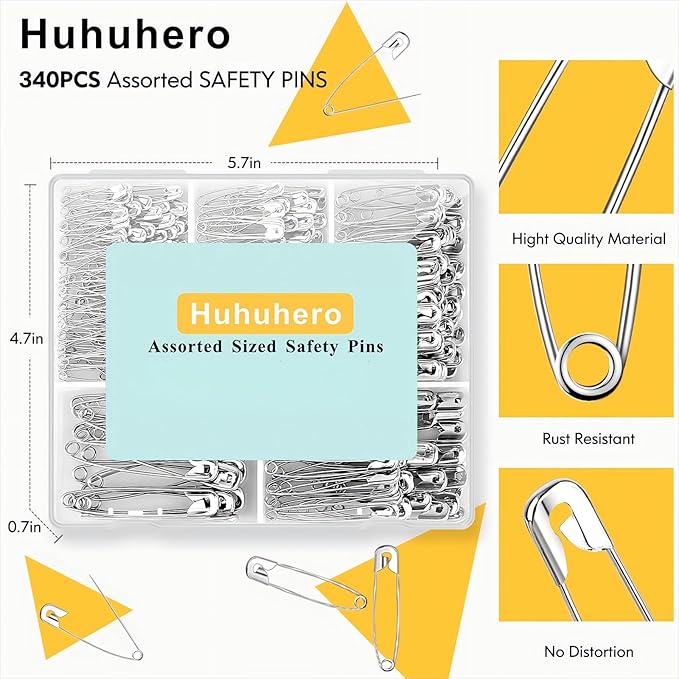 Huhuhero 340 Pack Safety Pins Assorted, Small & Large Heavy Duty Safety Pins for Clothes Costume Sewing, 5 Different Sizes Nickel Plated Steel Pin Bulk, Crafts Art Supplies, Silver