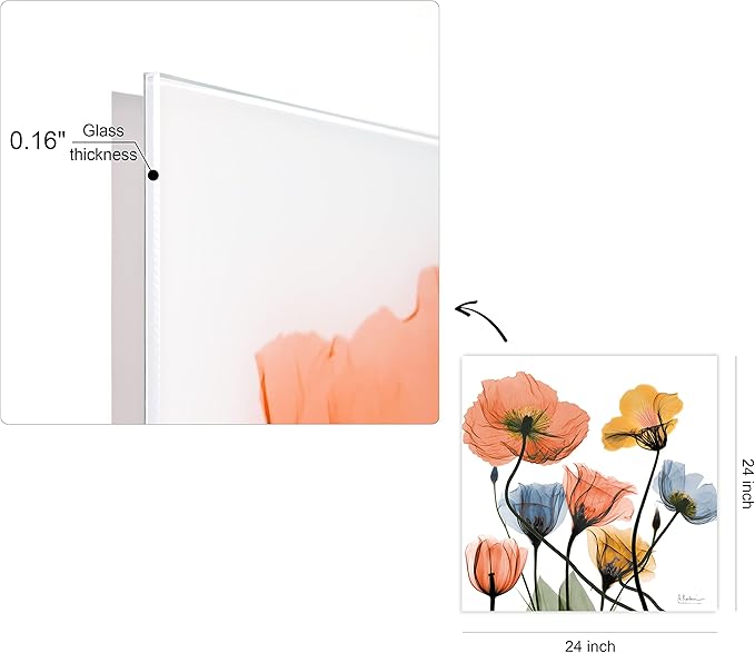 Empire Art Direct Frameless Free Floating Tempered Glass Panel Graphic Wall Art Ready to Hang, 24" x 24", Flowers and Ferns, Orange and Blue Flower