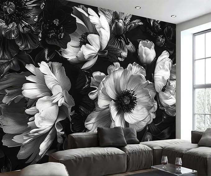 AFZEVEB-Black Peony Floral Wallpaper Vintage Large Flower Wall murals for Bedroom 114"x74"(Not Peel and Stick)