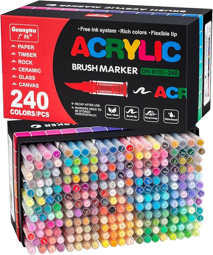 Acrylic Paint Markers Pens, 240 Vivid Colors Acrylic Markers Set,Direct Liquid Type, Stackable Color, Odorless Soft Head，Markers for School，Tooli Art ，Fabric & Creative Crafts (240)