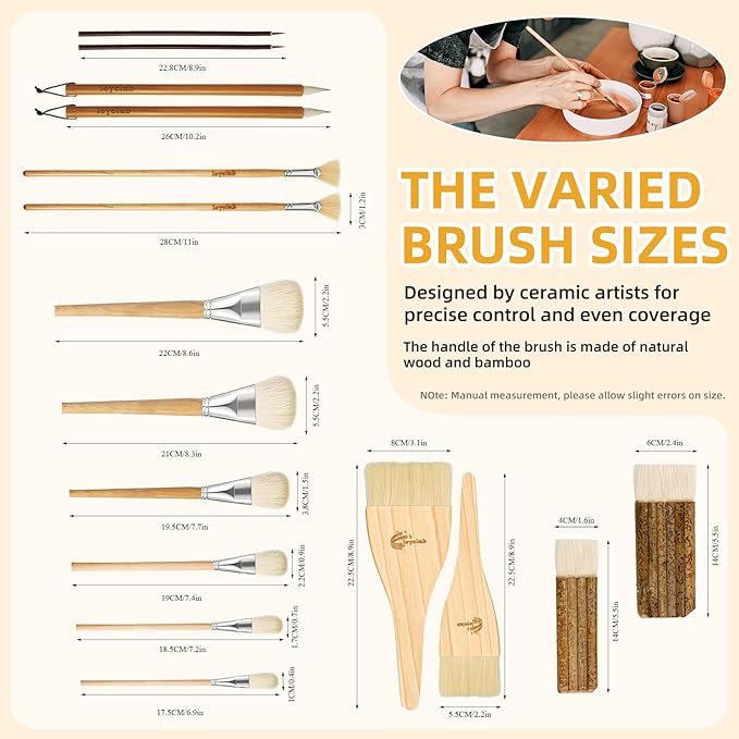 Pottery Glaze Brushes,16 PCS Painting Ceramic Brush Set, Different Shape Wool Soft Bristle for Ceramic Pottery Glazing Creation