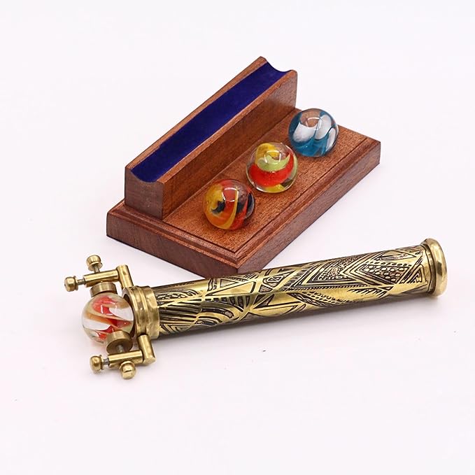 RII Brass Kaleidoscope | Vintage Antique Etched Brass Design | Interchangeable Marble Scope | Includes Wooden Display Stand | 8x3x3 Inches | Perfect for Collectors, Home Decor & Nautical Gift