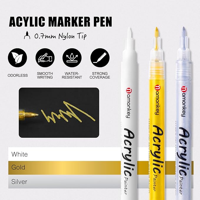 White, Silver & Gold Paint Marker Pens 6 Pack 0.7mm Extra Fine Tip, Permanent Acrylic Ink for Rock, Wood, Metal, Glass, Ceramic, Plastic, Canvas, Pens for DIY Crafts, Art & Fine Detailing