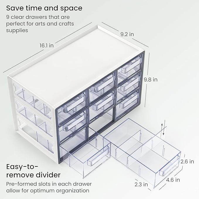 Arteza 9 Drawer Storage Cabinet, 16.1 x 9.3 x 9.8 inches, White, Plastic Drawers with Stoppers, Multi Compartment Organizer for Makeup and Art Supplies