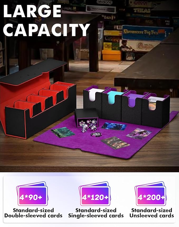 Card Deck Box with Dice Tray for MTG, 5 in 1 Card Deck Case Holds 800+ Unsleeved Cards, Strong Magnet Organizer Compatible with Yugioh TCG Sports Cards (Black Purple)