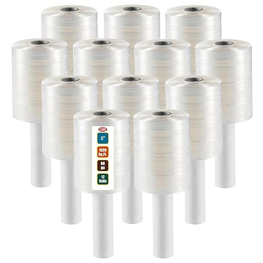 12 Pack Industrial Strength Mini Hand Stretch Wrap 5" 1000 Ft Roll 80 Gauge Thick, Shrink Wrap Roll for Moving Supplies, Furniture, Pallets, Plastic Wrap for Packing, Heavy Duty Stretch Film