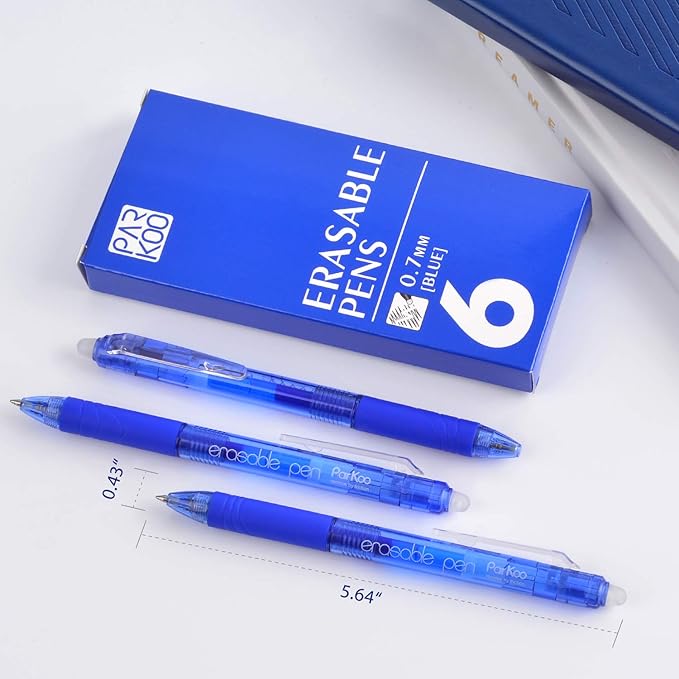 ParKoo Retractable Erasable Gel Pens Clicker, Fine Point 0.7mm, Make Mistake Disappear, Blue Ink for Note Taking and Crossword Puzzles, 6-Pack
