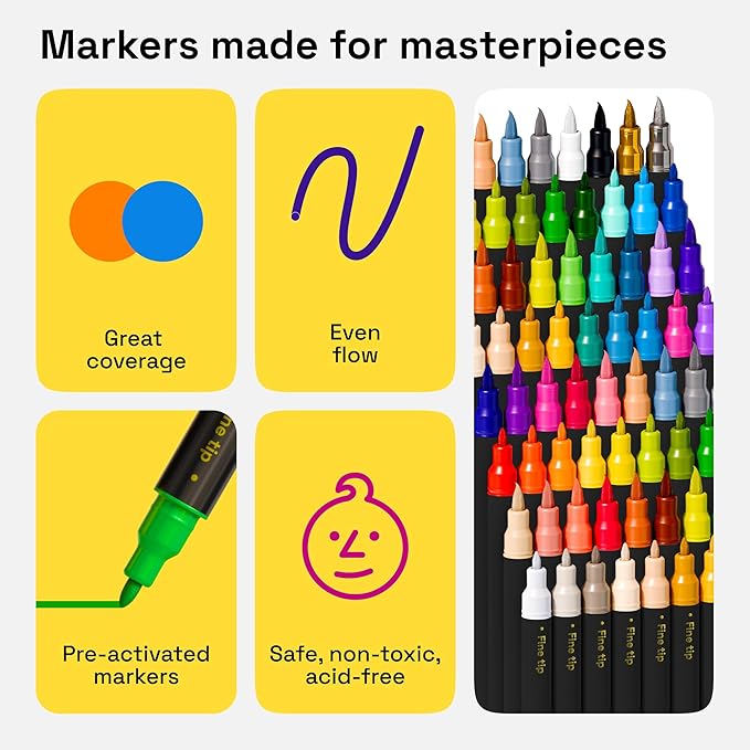 ARTISTRO 48 Dual-Tip Fabric Markers - Fabric Decorating Kit - Permanent for Clothes - No Bleed Pens for T-Shirts, Bags, Textile, Canvas, and More (Brush Tip and Fine Tip)