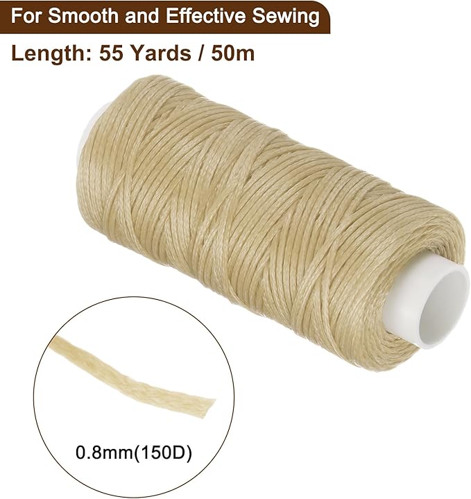 uxcell Leather Sewing Waxed Thread, 55 Yards / 50m 0.8mm 150D Flat Polyester All-Purpose Threads for Leather Crafts, Bookbinding, Beige