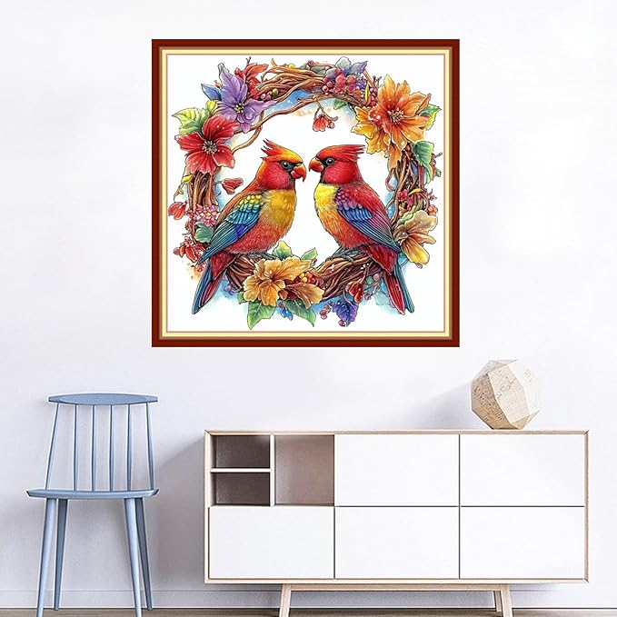 Joyhoor Cross Stitch Kits for Beginners Stamped Cross-Stitch Supplies Needlework preprint Embroidery Kits for Adults DIY Needlepoint Kits Embroidery Patterns 11CT-Flower Garland Bird 18x18 inchs
