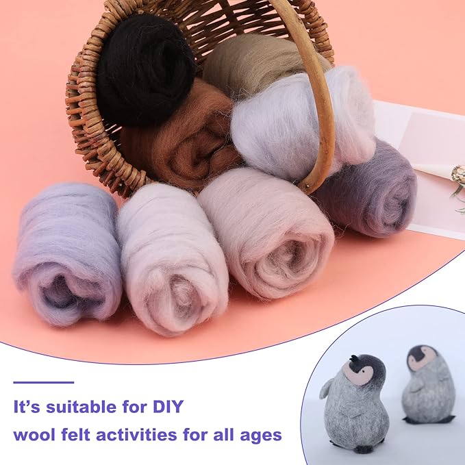 WONVOC Needle Felting Wool 80g, Wool Roving, 8 Colors, Bulk, for DIY Crafts & Felting, 10g/Color, Grey
