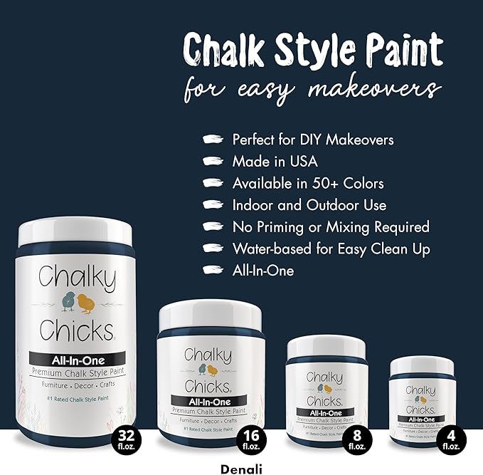 Chalky Chicks All-in-One Chalk Paint for Furniture or Cabinet - 4 Fl Oz - Matte Finish Denali (Deep Blue) for Metal, Wood Furniture Paint - No Sanding All-in-One for Home Decor & Crafts, USA Made