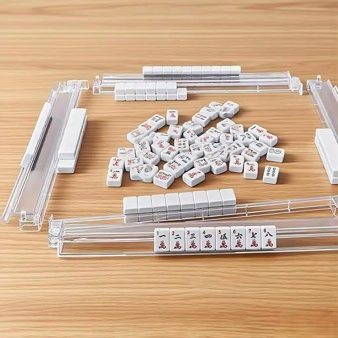 Mahjong All-in-One Tile Rack & Pusher, Clear Acrylic Mahjong Rack and Pusher Combo, Enhanced Mah Jongg Tile Holders Set of 4，Color，with 4 Dics (Transparent)