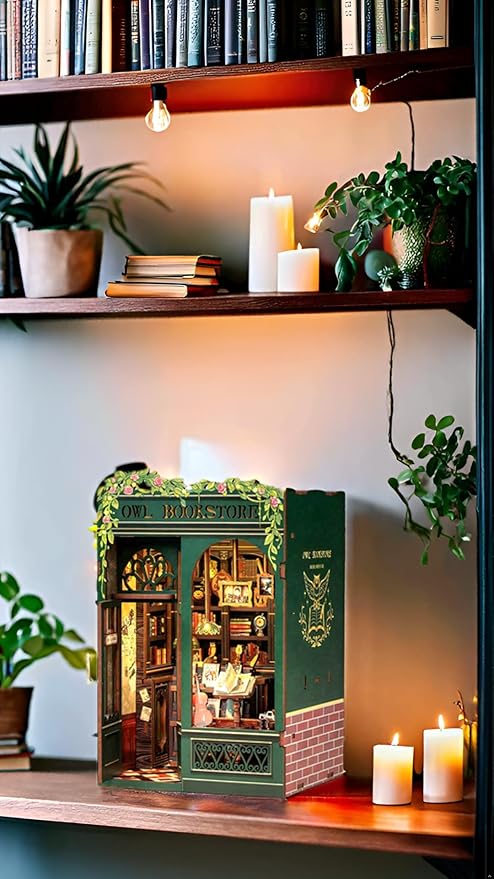 Fsolis Book Nook Kit, DIY Scene Miniature House Kit Tiny House Mini Booknook Craft Bookshelf Decor, 3D Puzzles for Adults, 139 Wooden Pieces, Scale Library Model, Gifts for Book Lovers（OWL Bookstore）