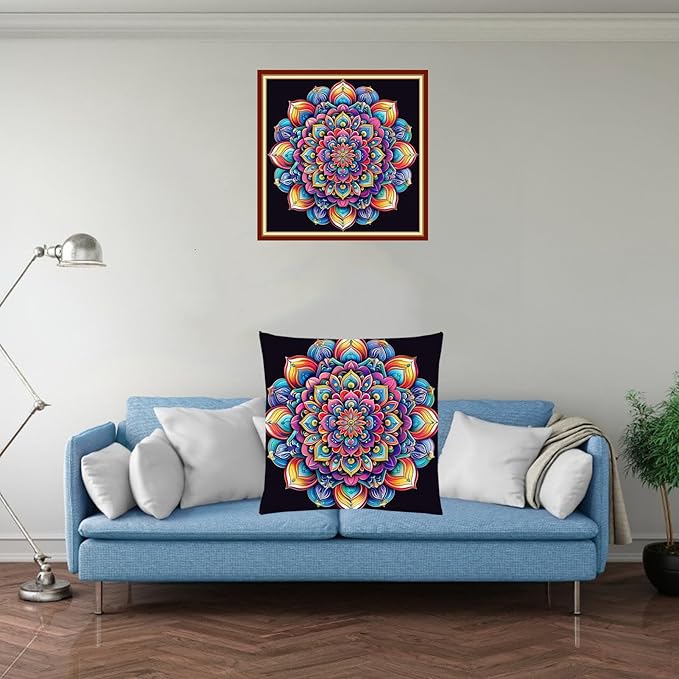 Fanxvivy Stamped Cross Stitch Kits for Adults Beginners Pillow Needlepoint Kit with Embroidery Pattern Needlework Kit Prestamped Stitches Kit 11CT Cross Stitching-Magic Mandala 18x18 inch