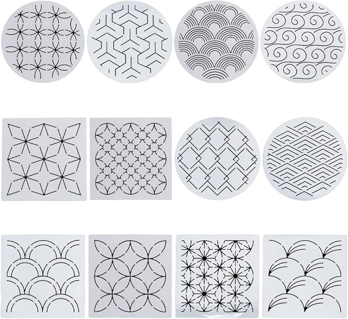 FREEBLOSS Sashiko Stencils - Geometric Embroidery Patterns for Drawing and Hand Quilting - 14x14cm
