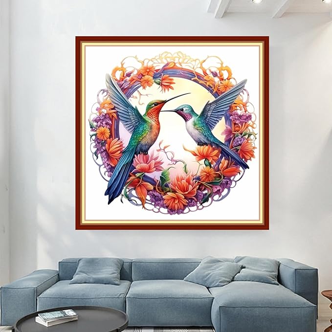 Magxvouy Cross Stitch Kits Stamped Full Range of Embroidery Kits,Cross Stitch Patterns Needlework Kits for Beginners 11CT Printed Kits&Hummingbird Wreath18x18 inch